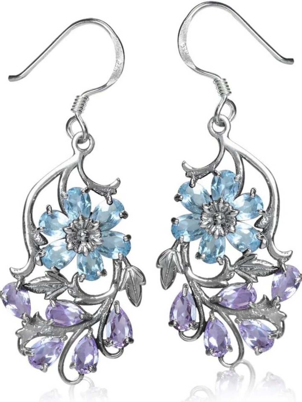 Genuine Gemstone 925 Sterling Silver Victorian Flower Leaf Dangle Earrings